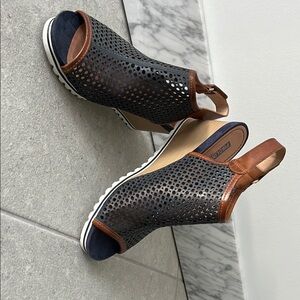 Pikolinos Navy and Brown Wedge Sandals with Perforated Leather